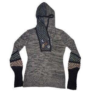 BKE Knit Hoodie Sweater M Boho Mixed Knit Hood Button Front Long Cuff‎ Sleeve